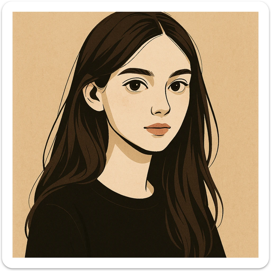 pale skin girl with long brunette hair and brown eyes, modern illustration style sticker