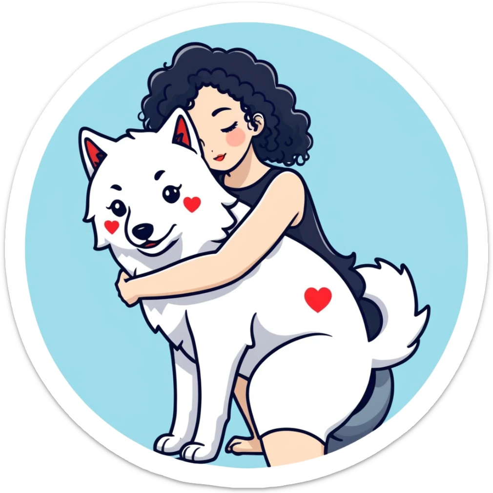 Black curly hair white skin girl hugging one big wolf with hearts above them sticker
