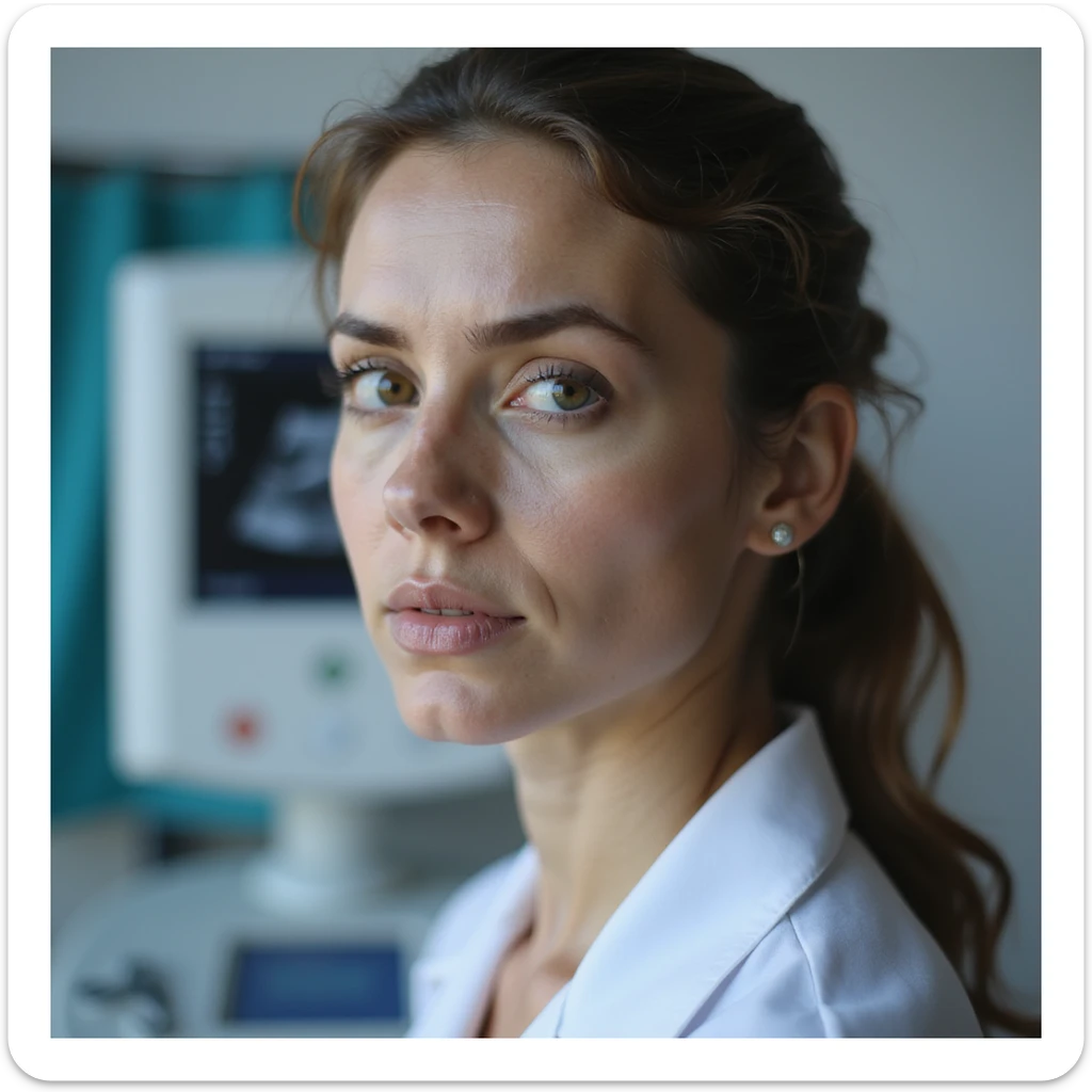 close-up of a woman with PCOS, serious expression, simple clinic clothing, clinical background with ultrasound machine in the background, hyperrealistic 4K details sticker