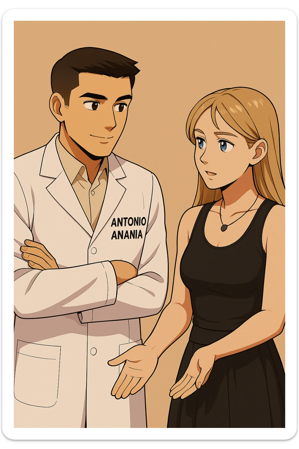 fai un webtoon/manga a colori con questo kinesiologo in camice bianco (fagli la scritta "ANTONIO ANANIA" SUL CAMICE) CHE PARLA CON QUESTA RAGAZZA CON GLI OCCHI AZZURRI. la ragazza gli fa una domanda e IL KINESIOLOGO CON IL CAMICE BIANCO LE risponde. NON FARE I FUMETTI, FAI SOLO LORO COME SE DIALOGASSERO sticker
