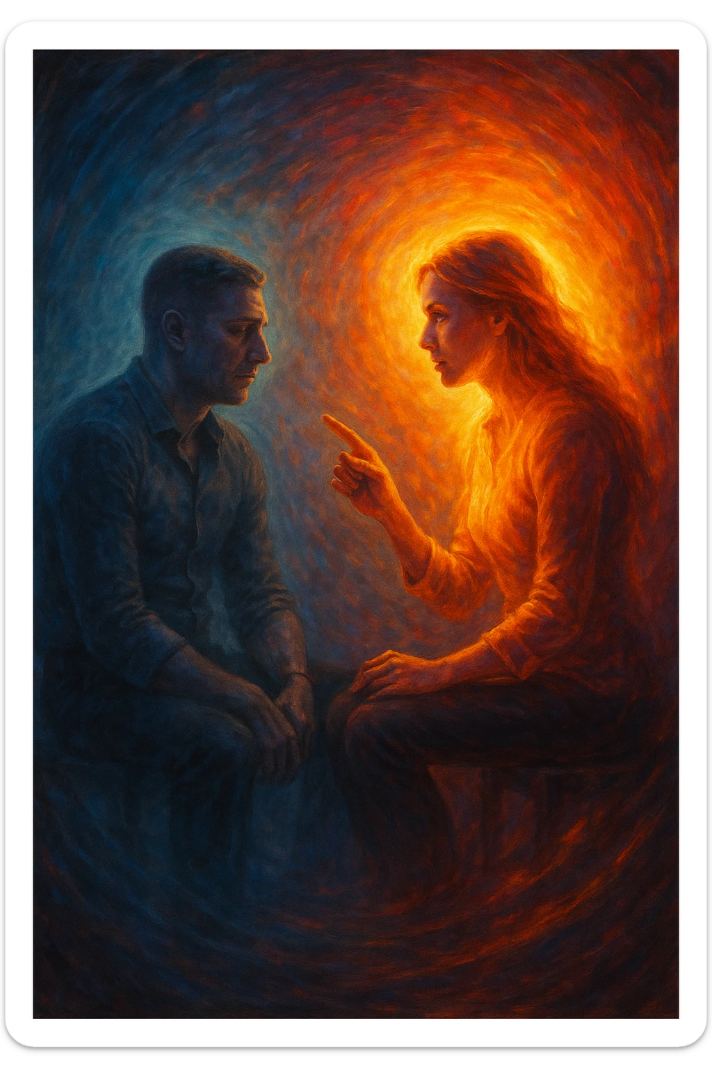 Man receiving advice from a woman, symbolically losing masculine energy, his aura fading while hers shines. Conceptual composition, two seated figures, emotional tension, abstract background." sticker