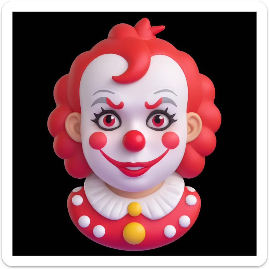 passport photo style cartoon of a sad clown, white face paint, red nose, classic makeup with frown and drooping eyebrows, multiple tears, short tufted faded red hair, polka-dotted costume in muted tones, glossy 3D emoji look, centered, white background sticker