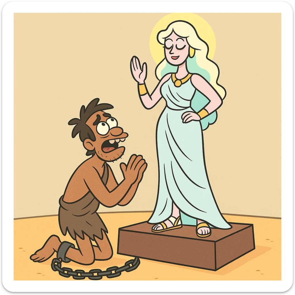 a slave worshipping a goddess, cartoon style, playful, colorful, simple shapes sticker