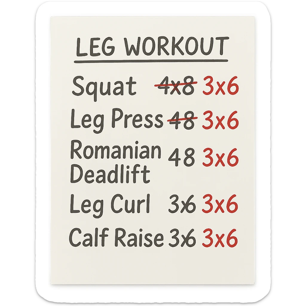 foglio di carta con scheda di allenamento gambe con volume di allenamento ridotto (fai alcuni esercizi con 4x8 scritti in precedenza sbarrati in rosso e la correzione accanto tipo 3x6), scrivila al meglio che puoi sticker