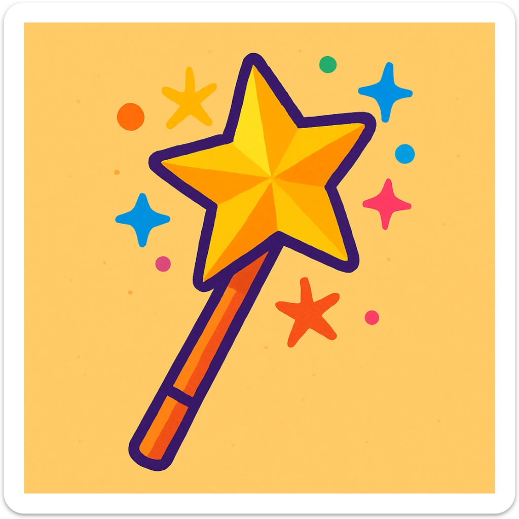 cartoon-style magic wand with a golden star at the tip, sparkling, vibrant toon style sticker