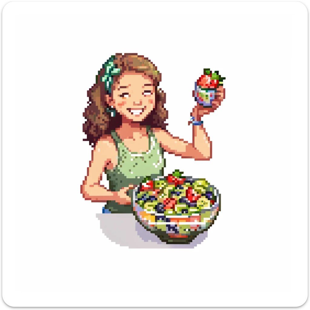 A cheerful person holding a glass bowl of colorful fruit salad with vibrant pieces of strawberries, kiwis, and blueberries visible. The person is wearing a casual, light-colored tank top and has a friendly, bright smile as they prepare to take a bite with a spoon. sticker