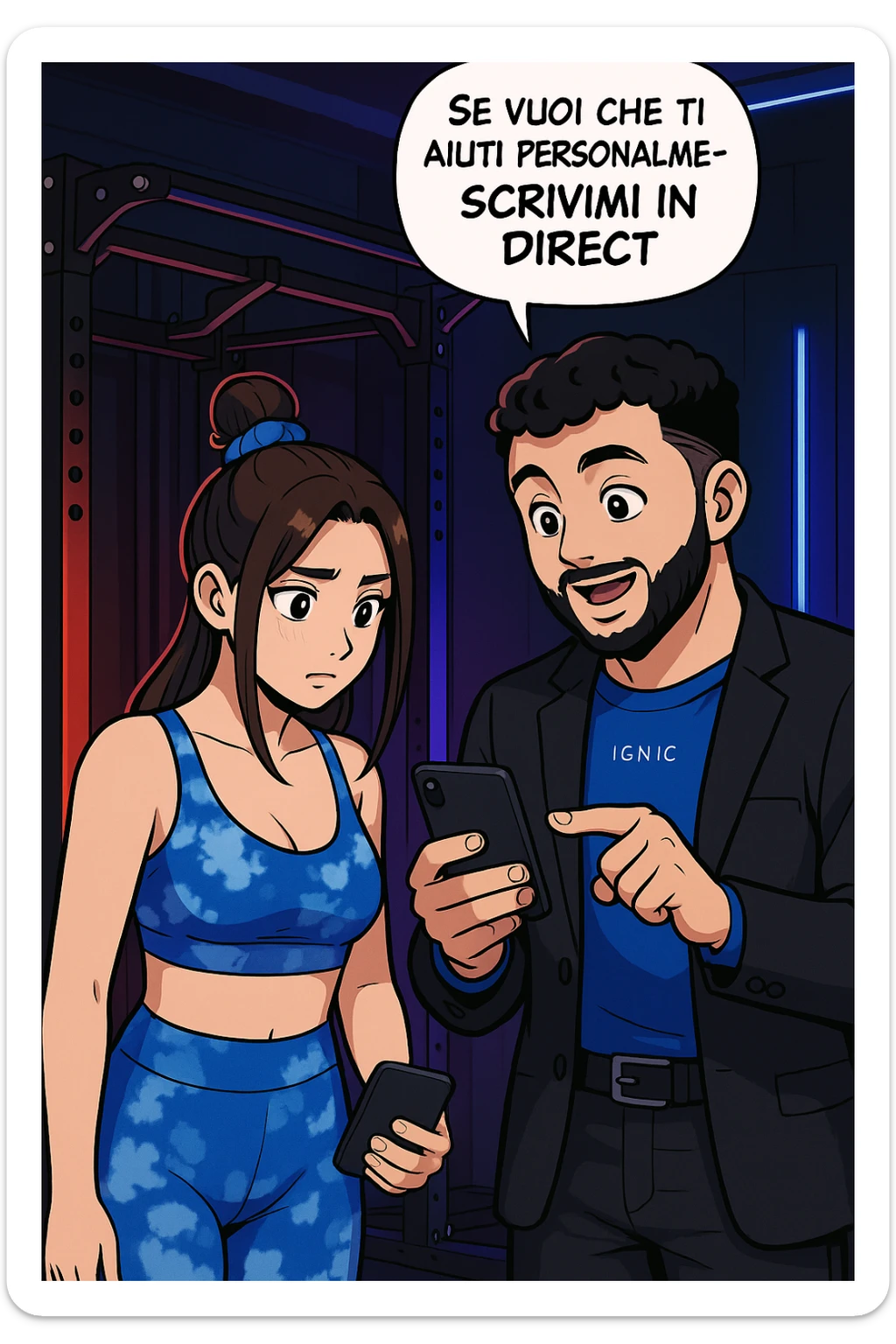 TRASFORMA QUESTO CAROSELLO IN UN FUMETTO STILE WEBTOON/MANGA A COLORI CON QUESTE DUE PERSONE IDENTICHE CHE INTERLOQUISCONO TRA LORO, L'UOMO MOSTRA UNO SMARTPHONE ALLA DONNA INDICANDOLO, E ANCHE LA DONNA HA LO SMARTPHONE IN MANO PER ANDARE A SEGUIRE IL SUO PROFILO INSTAGRAM:

LUI (UOMO): Se vuoi che ti aiuti personalmente
SCRIVIMI IN DIRECT sticker