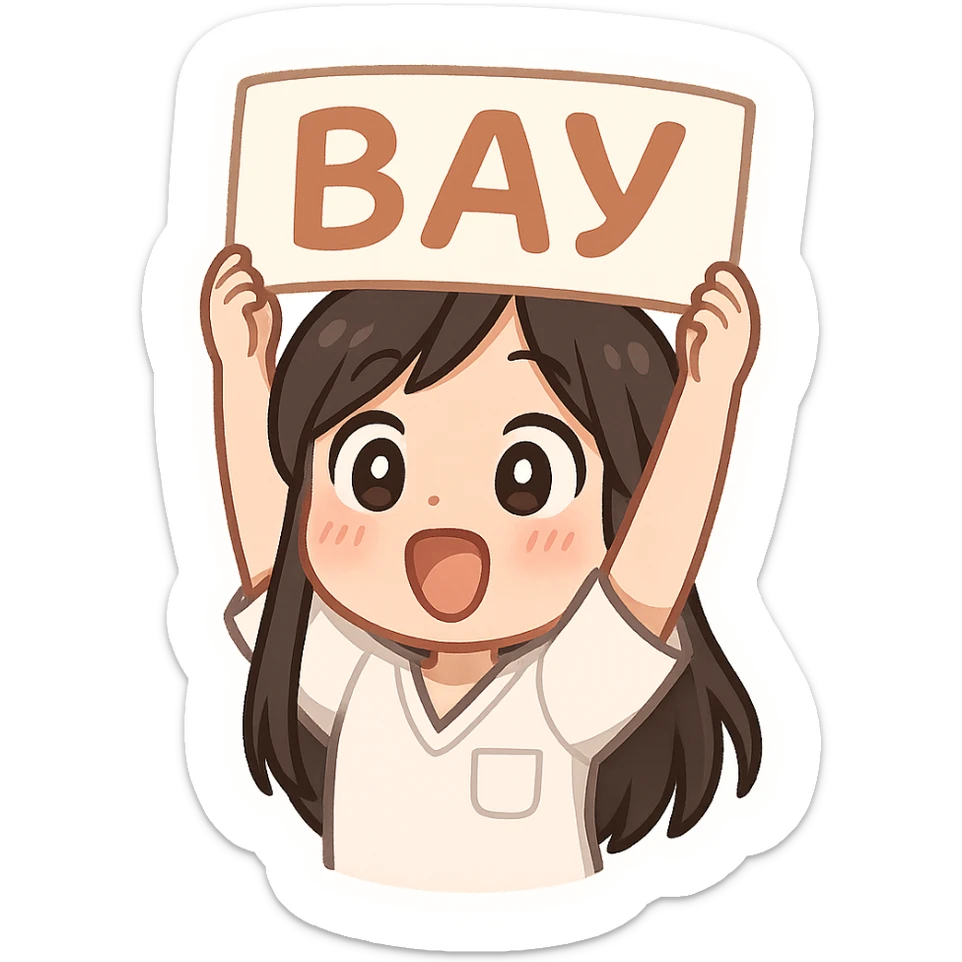 3D chibi bitmoji style sticker of a girl with long dark hair, white medical top, holding a sign above her head that says 'ВАУ', very happy and surprised face, white outline, transparent background sticker