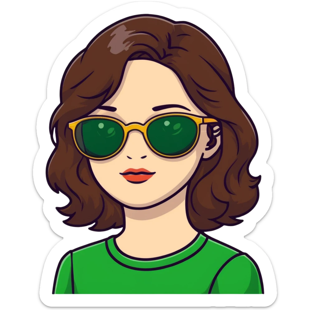 woman with pale skin, brown wavy hair, green eyes, gold glasses sticker