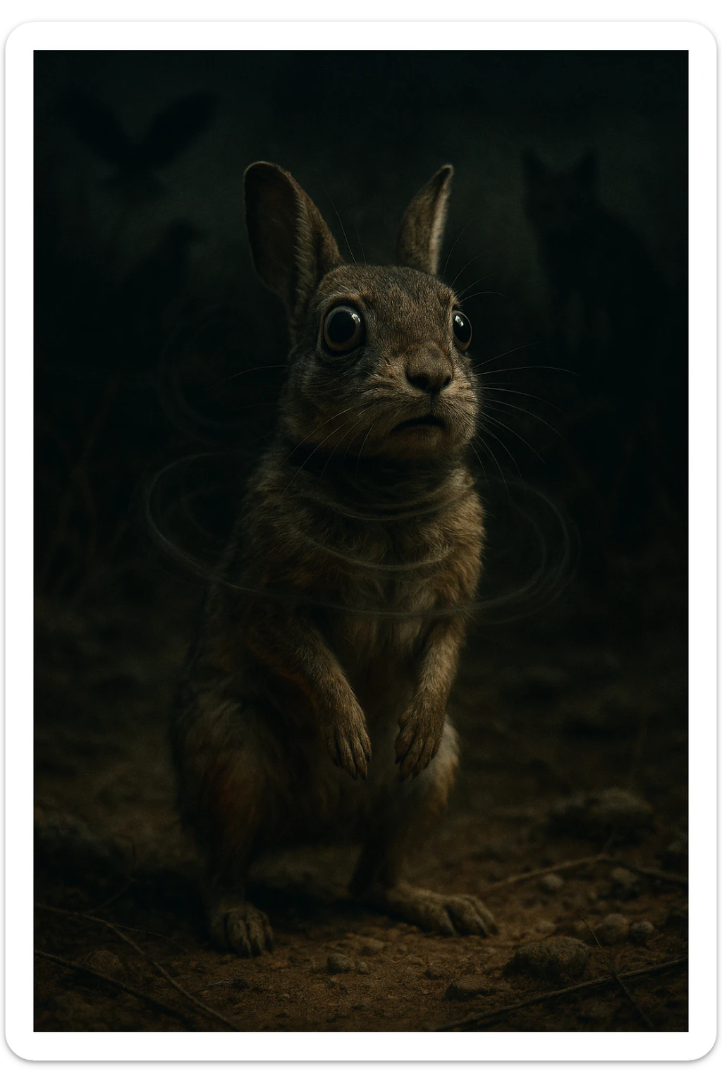 A hyperrealistic, cinematic illustration of a small wild animal, such as a rabbit or a meerkat, with wide, alert eyes and tense body posture, standing in a dry, rugged environment with predators lurking in the shadows. The animal's chest is visibly rising and falling rapidly, representing short, shallow breathing due to constant fear and vigilance. The background is dimly lit, with faint shadows of predators like hawks or foxes barely visible, symbolizing the ever-present threat. Around the animal, subtle visual representations of tension and stress appear as tight, dark rings or smoke near its chest and head, while the environment feels heavy and oppressive. The color palette is muted earth tones, with sharp focus on the animal’s tense face and rapidly moving chest, while the environment around is slightly blurred, emphasizing the feeling of isolation and perpetual fear. The style is 35mm film hyperrealistic with a storytelling, National Geographic documentary aesthetic, capturing the concept of an animal constantly living in fight-or-flight, breathing fast and shallow to survive sticker