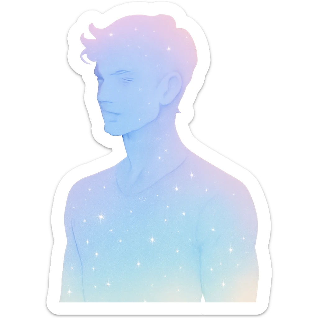 confident male figure with a pastel aura and subtle sparkle, embodying beauty and magnetic charm, in a minimalist silhouette sticker