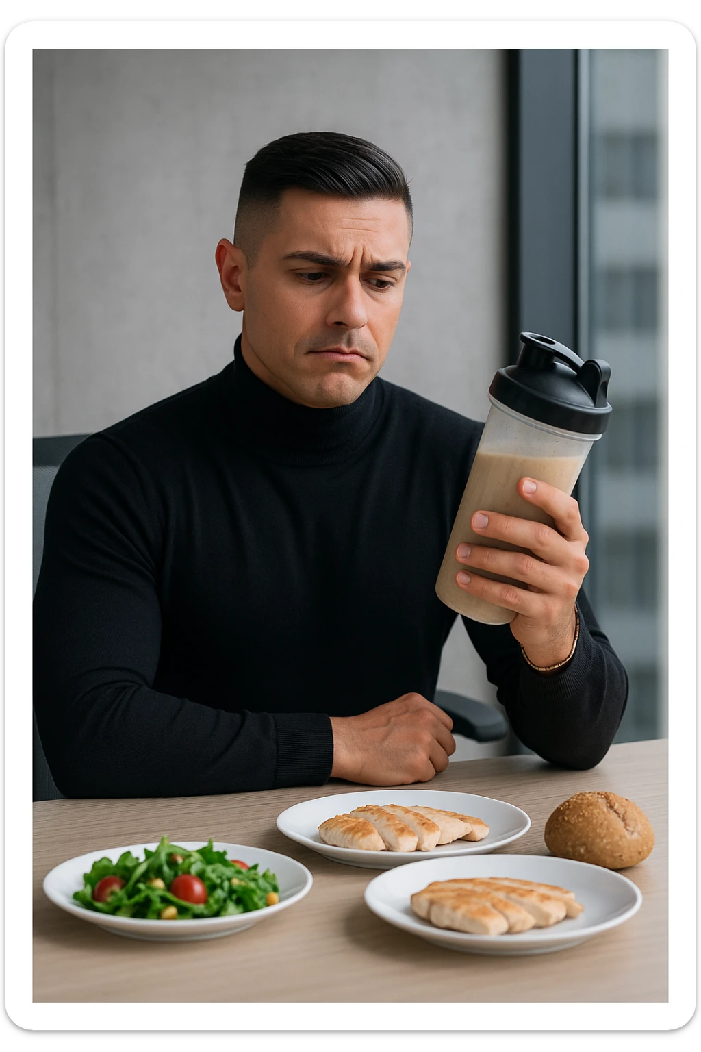 un uomo in abiti da ufficio tiene in mano uno shaker o una bottiglia di sostituto pasto, guardandolo con un’espressione neutra o leggermente indecisa. Sul tavolo davanti a lui ci sono piatti di cibo solido non toccati, come insalata, pollo e pane, a sottolineare la sua scelta di evitare il pasto tradizionale. L’atmosfera è moderna e riflessiva. sticker