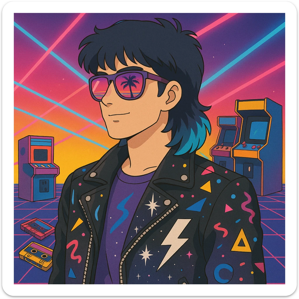 80s retro-futurism male portrait with mullet haircut with neon blue tips, airbrushed sunglasses with pink-purple gradient and palm/sunset reflection, leather jacket with lightning, cosmic, and Memphis Design patterns, neon gradient background with perspective grid, laser beams, cassettes, arcade games, Commodore 64, MTV-era palette sticker