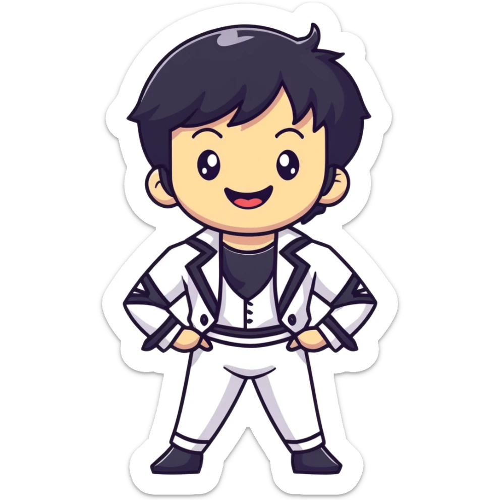 K-pop male idol with black hair, big smile, wearing stylish stage performance costume sticker