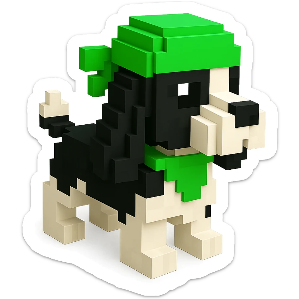 A black and white Russian Cocker Spaniel puppy wearing a green durag, voxel style, facing right sticker
