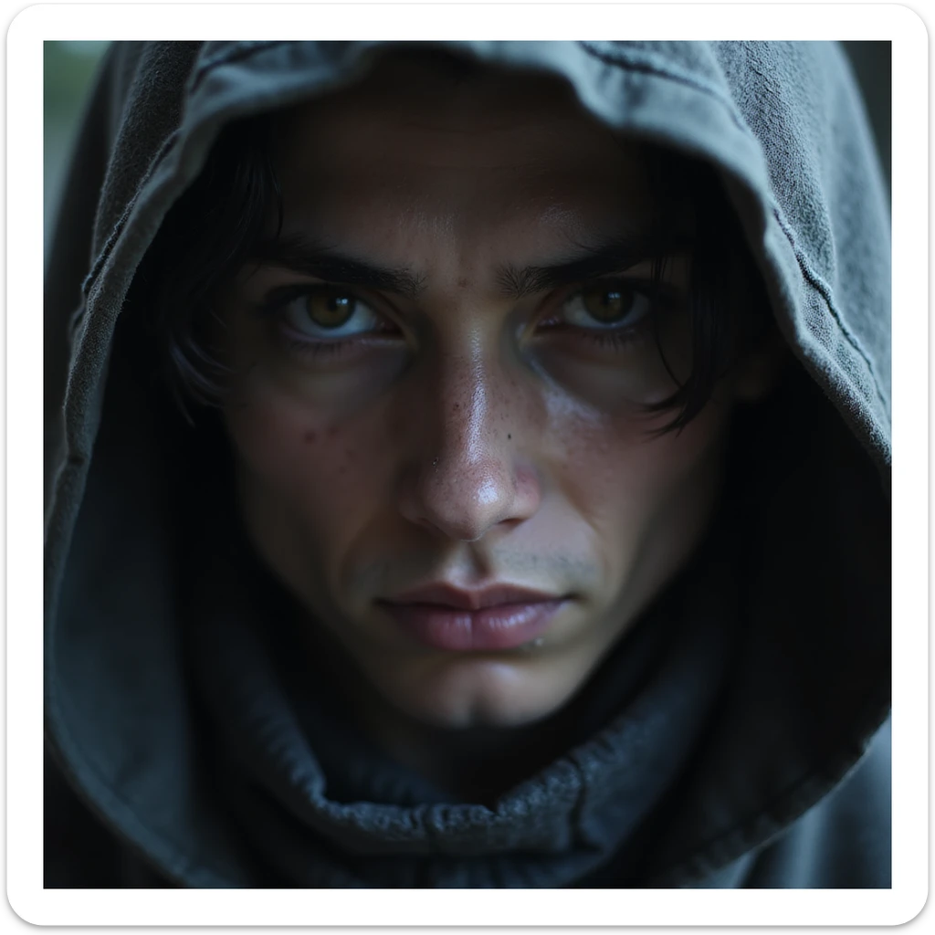 realistic fantasy style close-up detailed face of a mysterious League of Legends assassin in a hood sticker