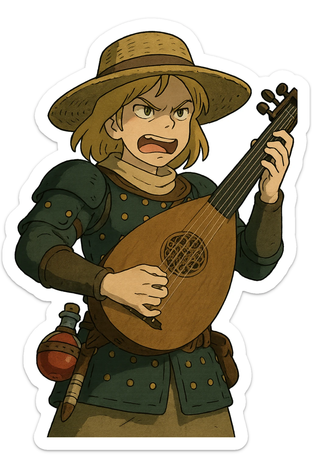 A female bard , blond hair, wearing brigandine armor with a sturdy straw hat, playing a fat medieval lute and singing, night time shadows, tool belt with red potion and bandages, portrait , mischievous grin, anger sticker