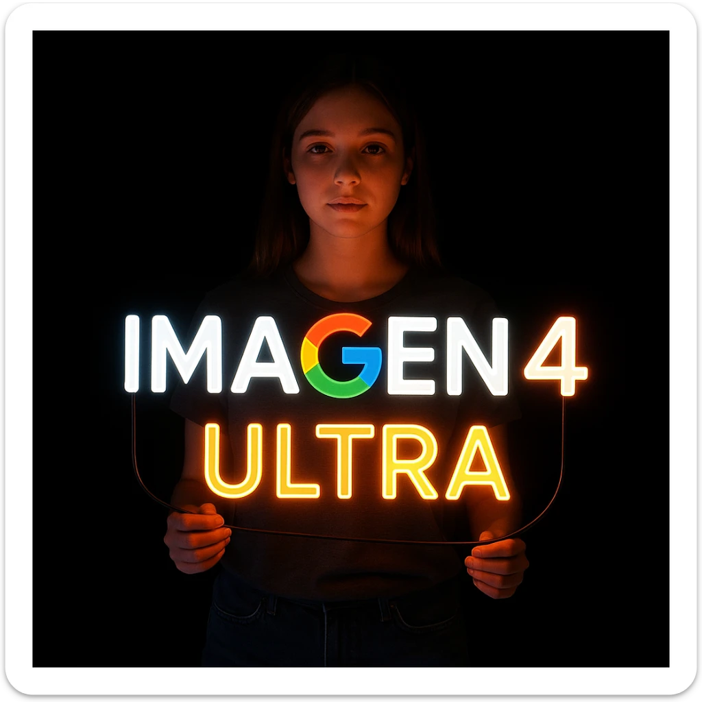 make a girl holding this sign, but sign in made of neon, also add ultra below the sign sticker