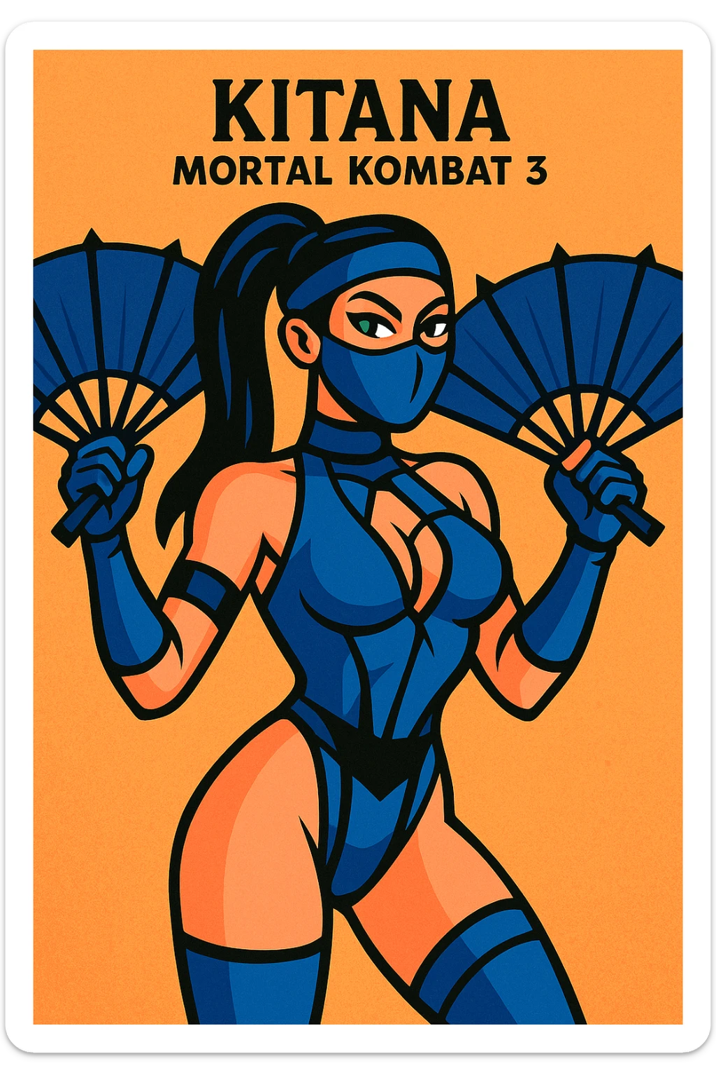 Kitana from Mortal Kombat 3, vibrant cartoon style, blue costume, mask, open fans, confident attitude sticker