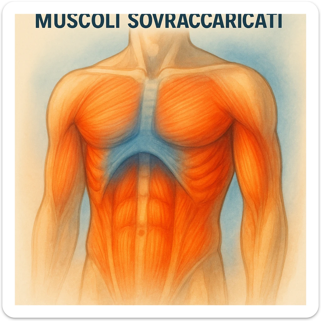 illustrazione con colori sfumati, diaframma bloccato in blu, muscoli sovraccaricati in rosso e arancione, didascalia in italiano sticker