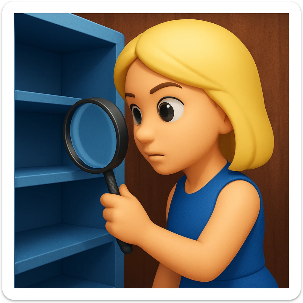 emoji of white empty shelf in perspective view with a standing woman nearby, she is looking at the shelfs with a magnifying glass, she is turned to the shelfs, emoji style, woman wearing a blue dress, adjust the perspective to be more dramatic, with a different background sticker