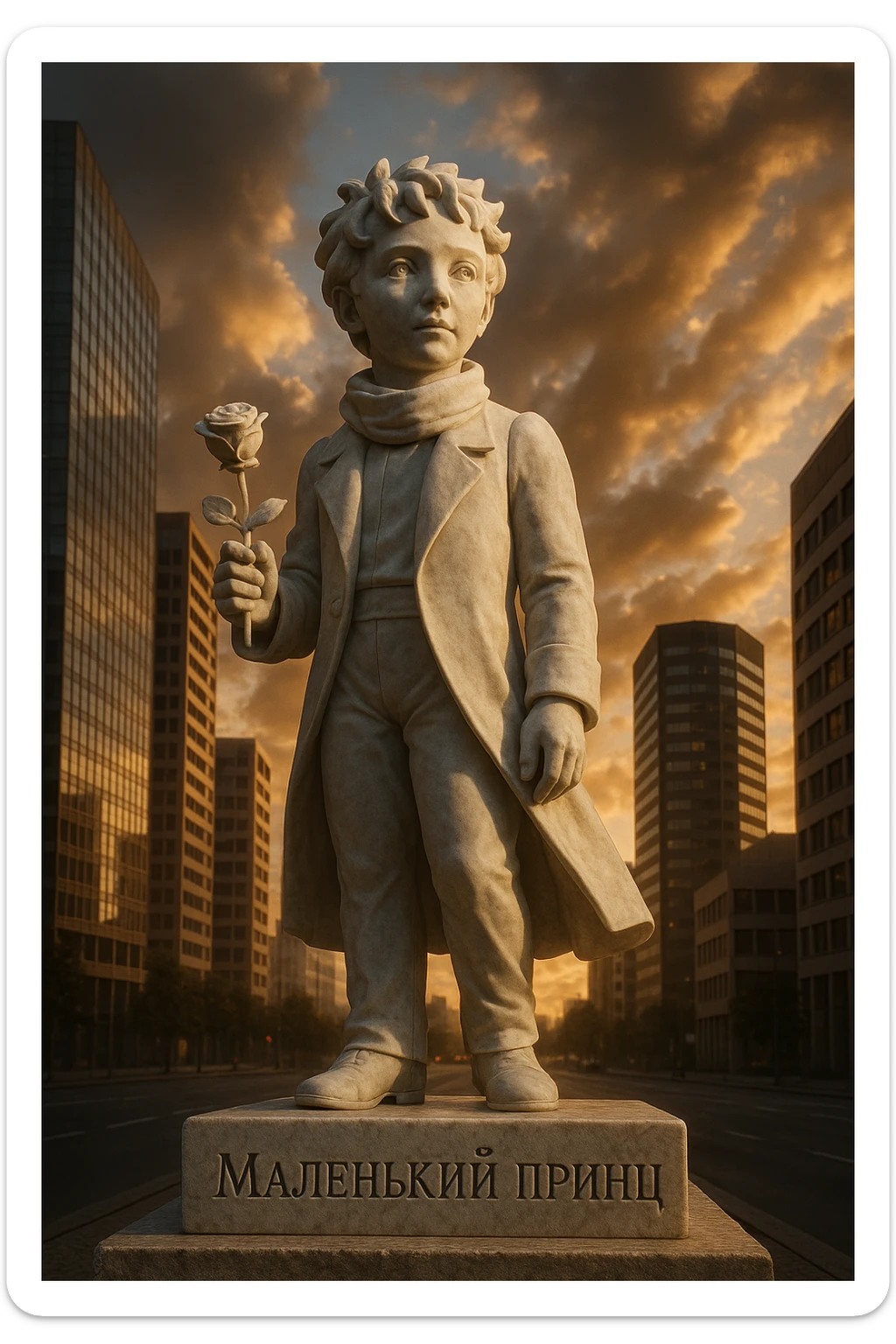 Ultra-realistic marble statue of the Little Prince with a rose in his hand, standing in a modern city. Pedestal engraved with 'Маленький принц'. Sunset, dramatic low-angle view. sticker