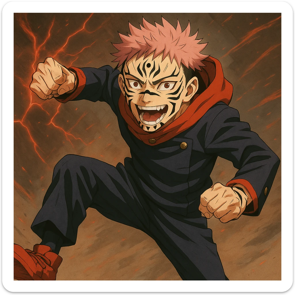 Add Sukuna's facial markings and extra eyes to the Jujutsu Kaisen character in the image. Keep the anime style and dynamic pose as shown in the reference. sticker