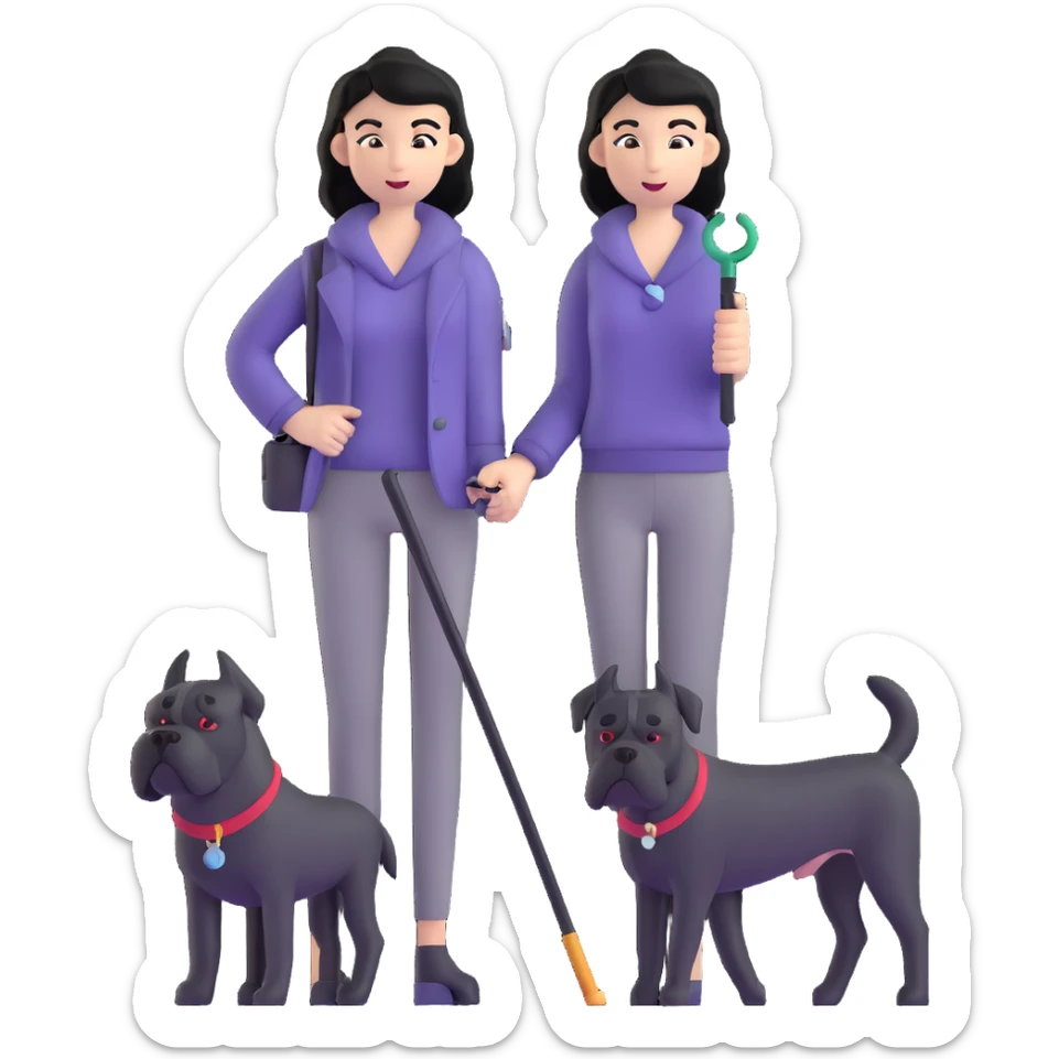 Woman with long black hair holding a black Cane Corso dog with cropped ears and short tail sticker