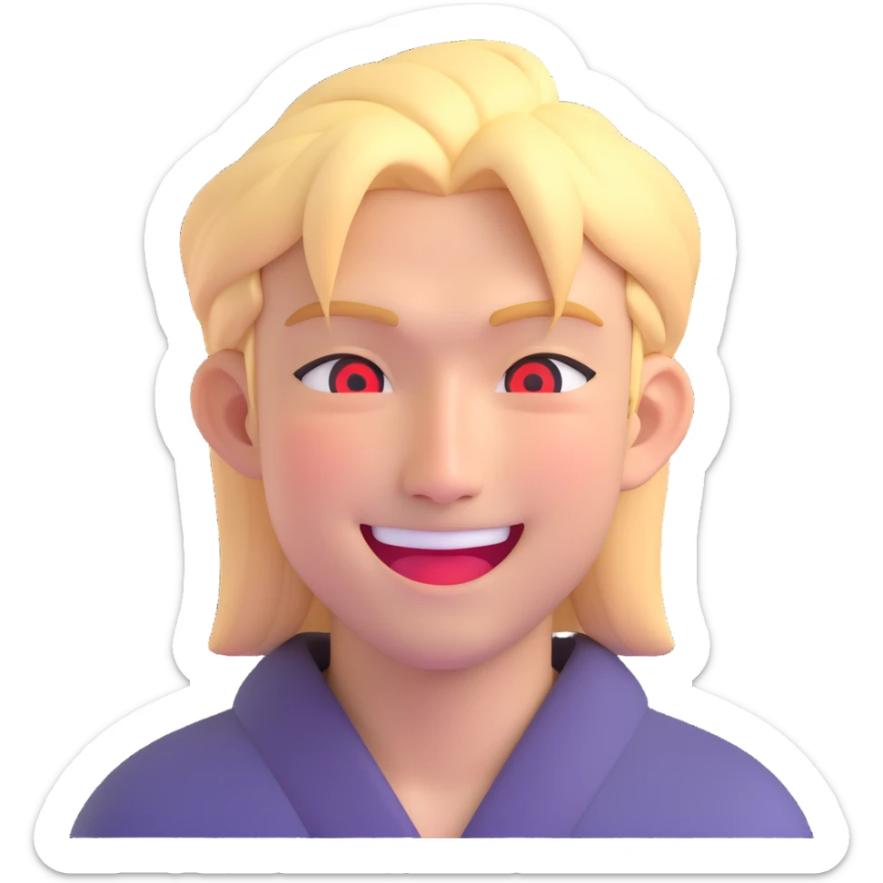Make the Japanese man with red eyes and blond hair wink, smiling, in 3D emoji style with no background. sticker