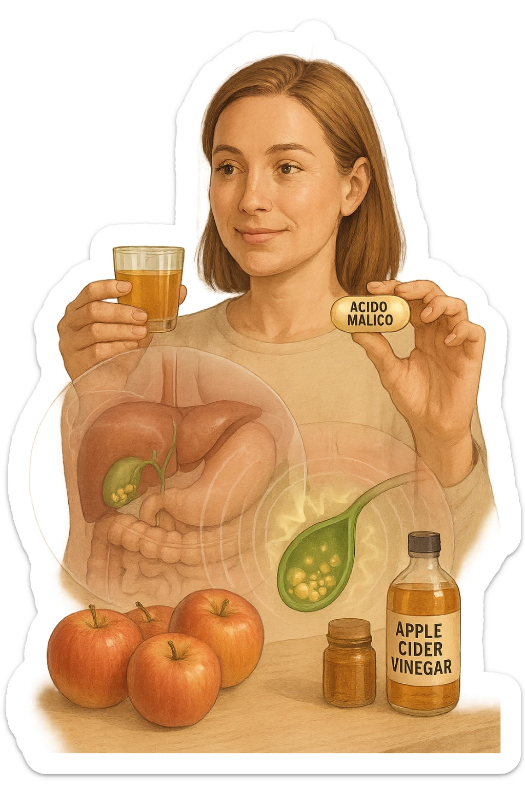 A detailed, realistic illustration or photo-style image showing a person holding a small glass of apple cider vinegar in one hand and a capsule labeled ‘Acido Malico’ in the other. In the foreground or as an overlay, a semi-transparent anatomical view of the abdomen highlights the gallbladder with visible small gallstones inside. Around the gallstones, gentle glowing waves or soft dissolving effects symbolize the softening or breakdown of the stones due to the natural acids. The person looks hopeful and calm, in a bright kitchen setting with fresh apples and natural health products on the counter. The overall mood is informative, natural, and hopeful about non-invasive, natural support for gallstone health sticker
