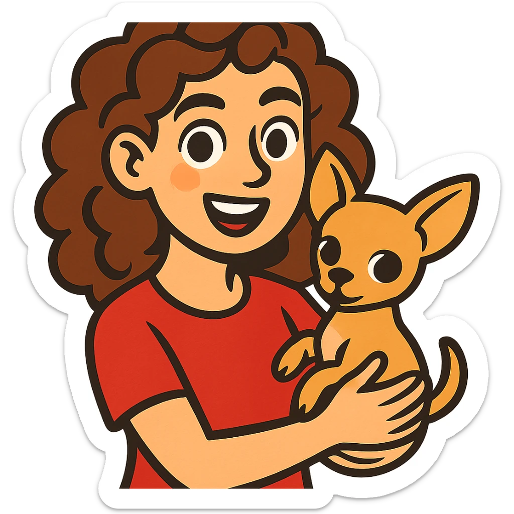 white girl with curly brown hair holding a chihuahua puppy sticker