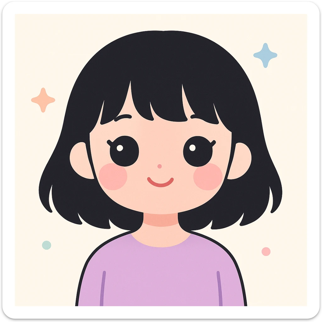 portrait of a girl with black shoulder-length hair, bangs, black almond-shaped eyes, full lips, and straight nose, kawaii style sticker