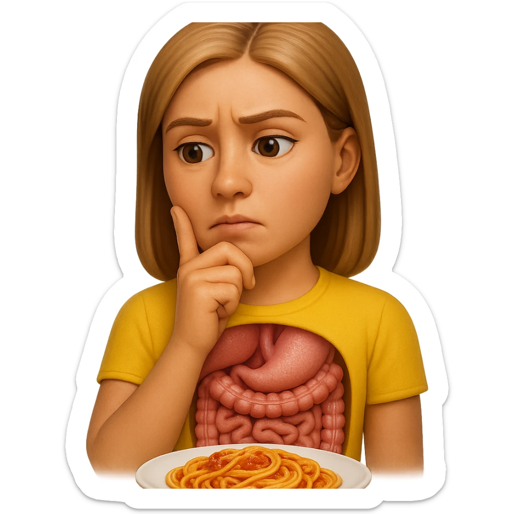 donna che guarda pensierosa con intestino in evidenza un piatto di pasta, stile emoji iphone, iperrealistico 4k sticker