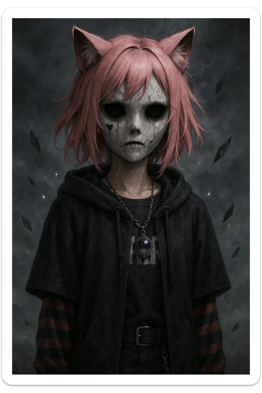 realistic anime catgirl with pink hair, emo streetwear, heart tattoo under left eye, dark magical accessory, sparkles, stormy background, ghostly horror look with cracked mask, empty eyes, and floating shards sticker