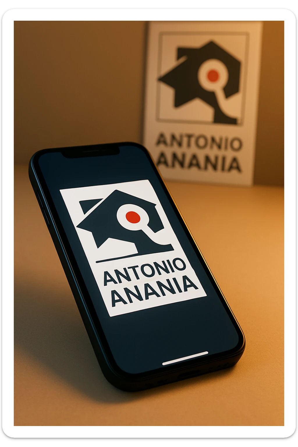 A photo of an iPhone with the message "Antonio Anania" on its screen, The phone sits atop a desk with a blurred background that suggests work environment. A faint glow from above casts gentle shadows across the surface of each object, creating depth and highlighting their textures sticker