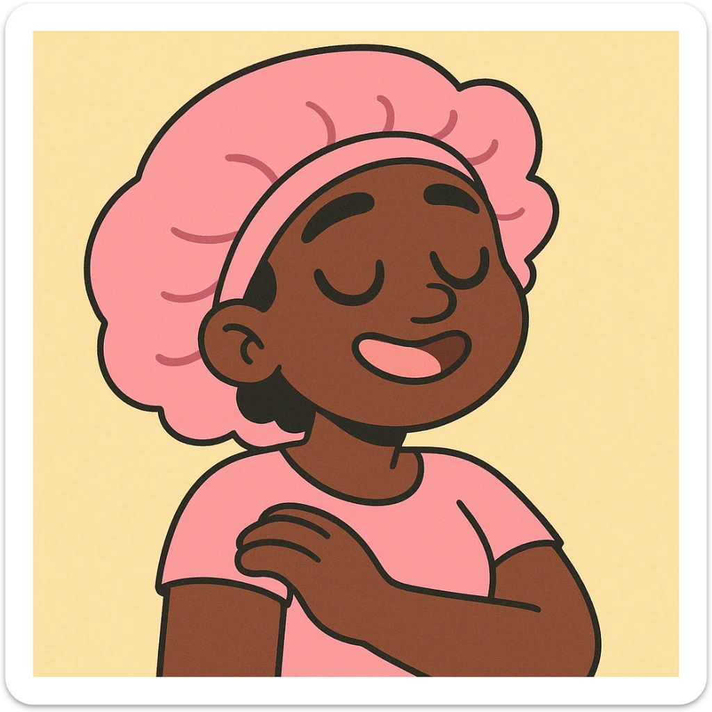 black girl with eyes closed wearing a pink bonnet, soft pastel cartoon style sticker