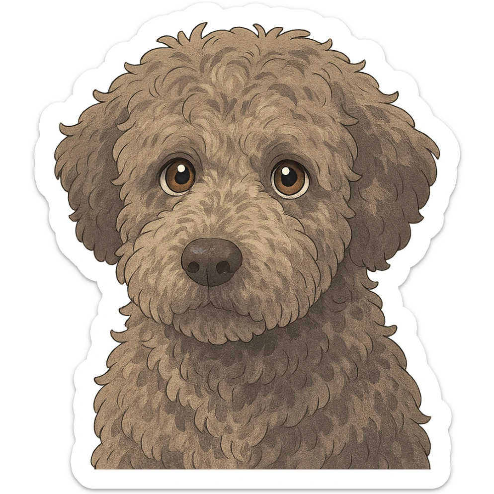 close-up portrait of Lagotto Romagnolo dog, fluffy roan fur, expressive eyes, ghibli style sticker