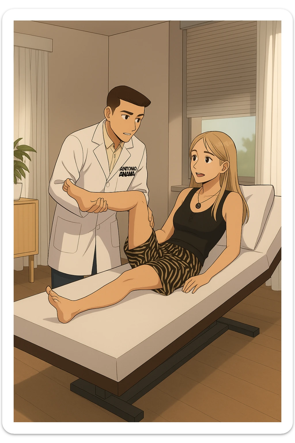 fai un webtoon/manga a colori con questo kinesiologo in camice bianco (fagli la scritta "ANTONIO ANANIA" SUL CAMICE) CHE SVOLGE UN TEST NEUROMUSCOLARE SOLLEVANDO UNA GAMBA ALLA RAGAZZA CHE è STESA SU UN LETTINO BIANCO. STANZA SEMPLICE E MODERNA, DURANTE IL TEST I DUE DIALOGANO TRA LORO. NON FARE I FUMETTI, FAI SOLO LORO COME SE DIALOGASSERO sticker