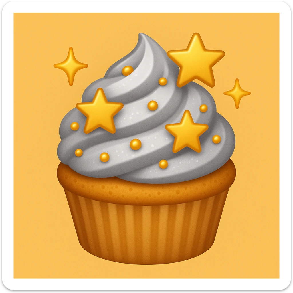 Add gold stars and a tiny edible pearl to the cupcake with silver frosting and gold pearls in emoji style. sticker