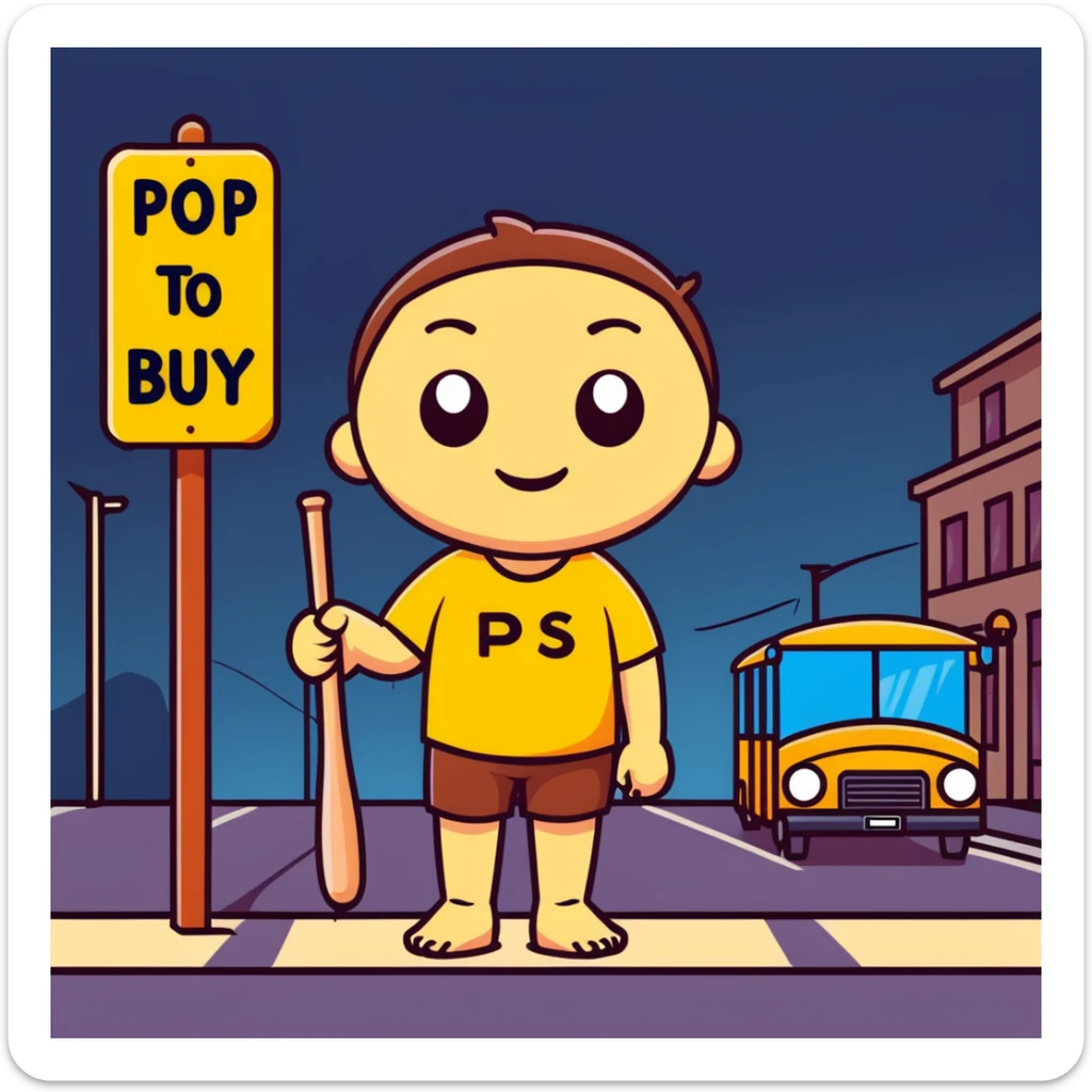 humanoid wooden club with big cartoon eyes and wide smile, barefoot, standing at a dark street bus stop under a dim streetlight, holding a bat, background sign 'Pentung Pos Ronda' sticker