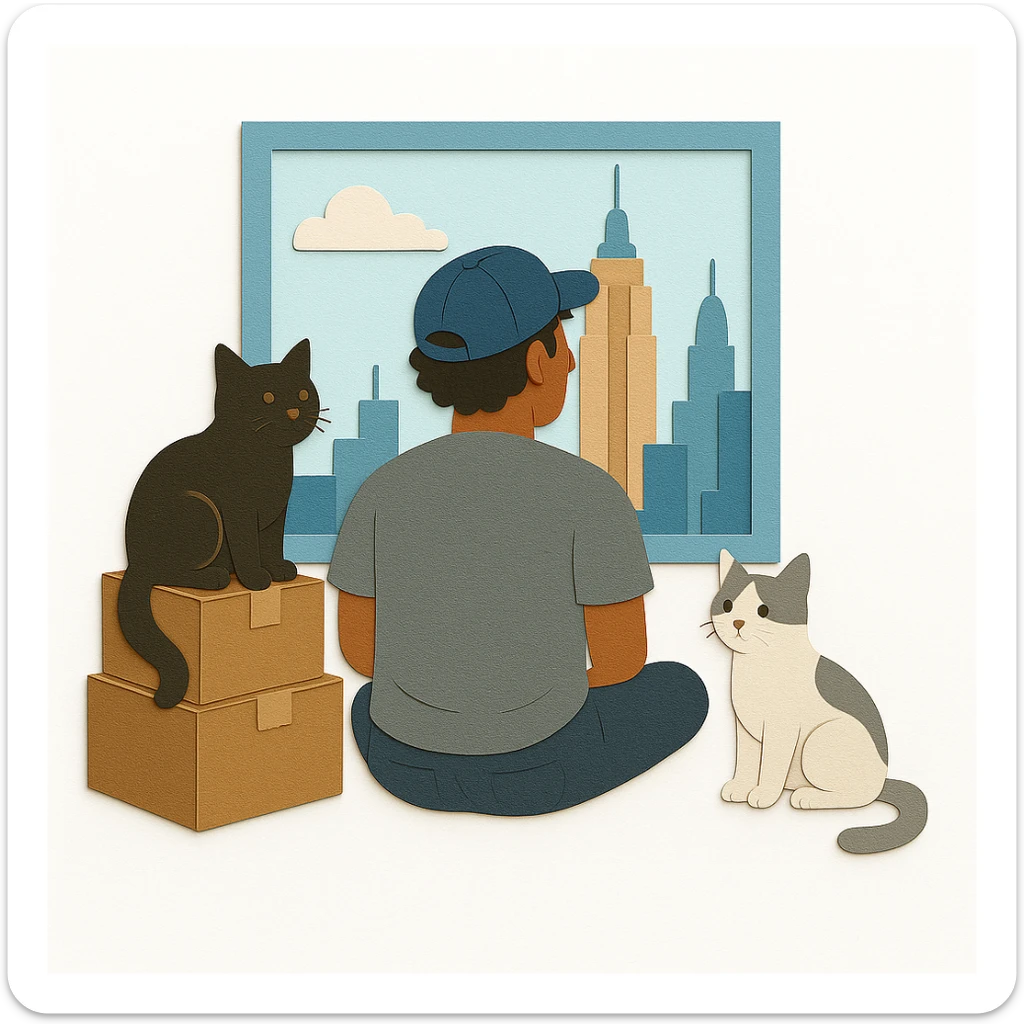 Edit the image to have one cat white and gray, the other cat dark brown and black. The man should have medium length curly hair and be wearing a cap. Keep the NYC apartment moving scene and overall style consistent. sticker
