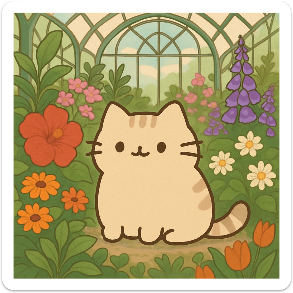beige blonde pusheen-style kitten in a botanical garden greenhouse filled with flowers sticker
