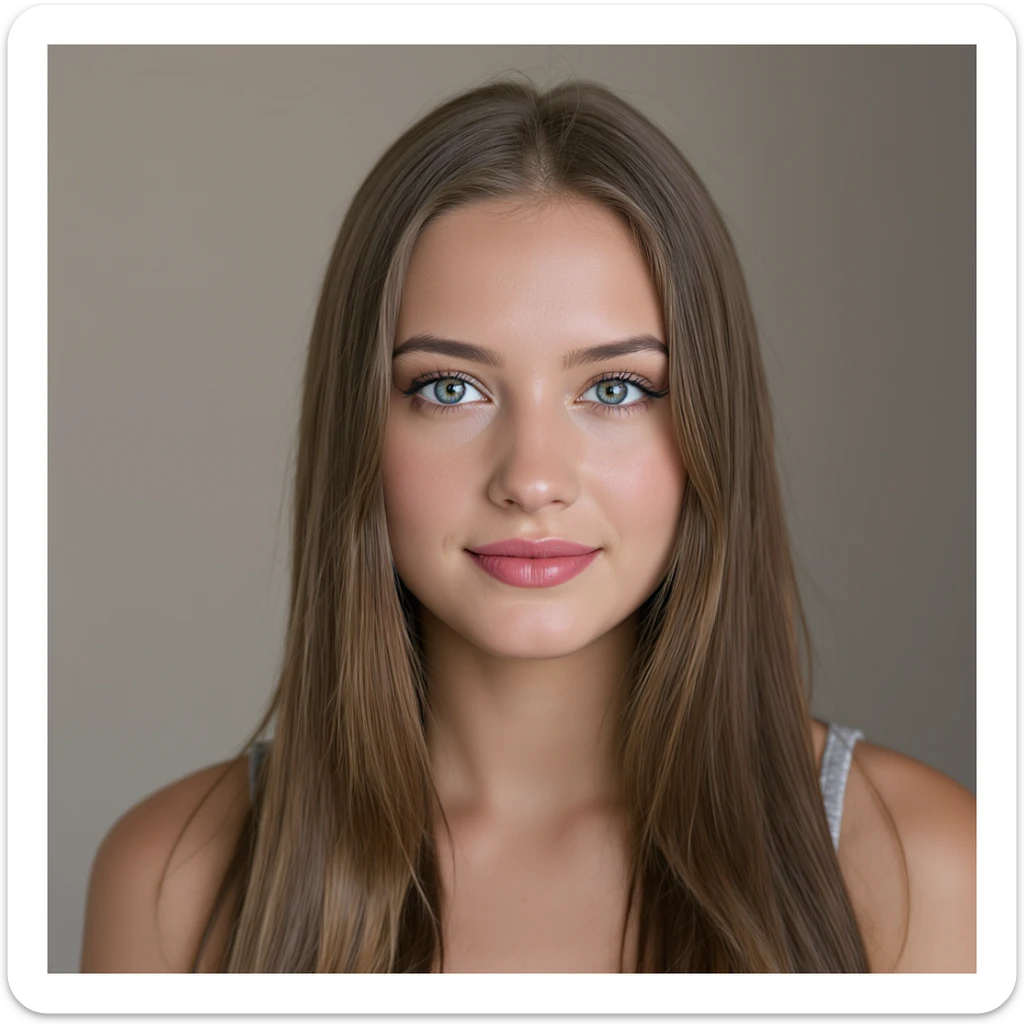 realistic portrait of a girl with long straight brunette hair and blue eyes, high detail, direct gaze, simple background sticker