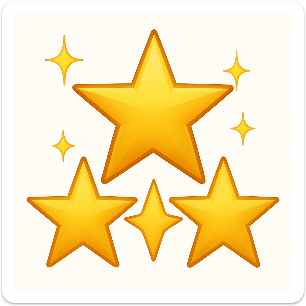 3 golden stars, one big in the center and two smaller on the sides with sparkles (emoji style) sticker