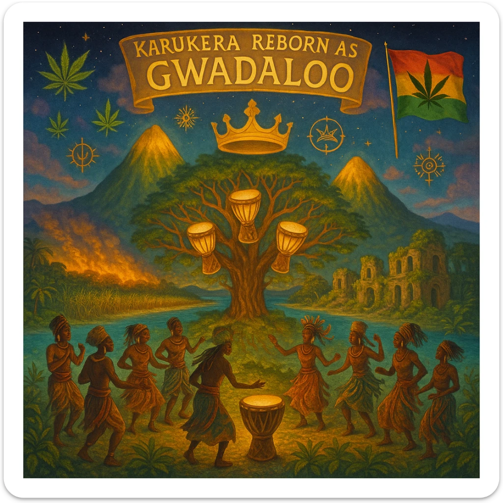 Create a powerful, surreal vision of the Caribbean island Guadeloupe, reimagined as ‘Gwadaloo’ — its sacred, sovereign identity restored. The island is lush, tropical, and volcanic, with two green volcanoes glowing golden at the peaks. In the center stands a giant mystical Drum Tree, its branches bearing carved drums instead of fruit, glowing with rhythmic light. Ancestral spirits of African and indigenous lineage dance in a circle around the tree, surrounded by floating ganja leaves and sacred symbols. Sugarcane fields burn gently in the background, symbolizing the end of colonial suffering. Ruins of colonial buildings crumble into the earth, reclaimed by vines and jungle. Above the island, a glowing banner in the sky reads: ‘Karukera reborn as Gwadaloo.’ A ganja-leaf flag waves high in red, green, and gold, and a golden Creole crown floats in the sky above the island — not worn by any man, but held in rhythm. The ocean is turquoise, the light is divine, and the entire scene radiates spiritual victory, cultural remembrance, and cosmic rhythm. Use a warm, cinematic palette of golds, greens, blues, and purples. Style should feel epic, sacred, and symbolic — a rebirth of Caribbean power. sticker