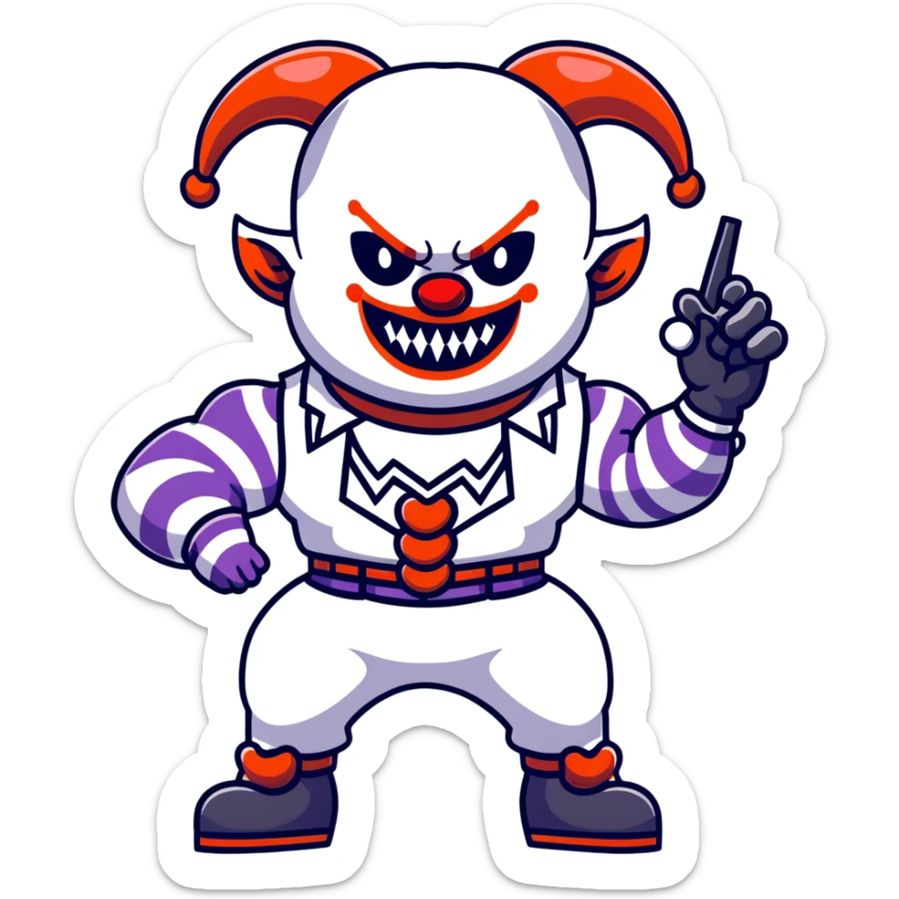 full-body muscular demonic clown, battle-ready, black and white leisure suit with bellbottom pants, bald, black ram horns, flashy black and white belt, ruffled white shirt, no neck tie, large fangs, holding very large futuristic rifle sticker