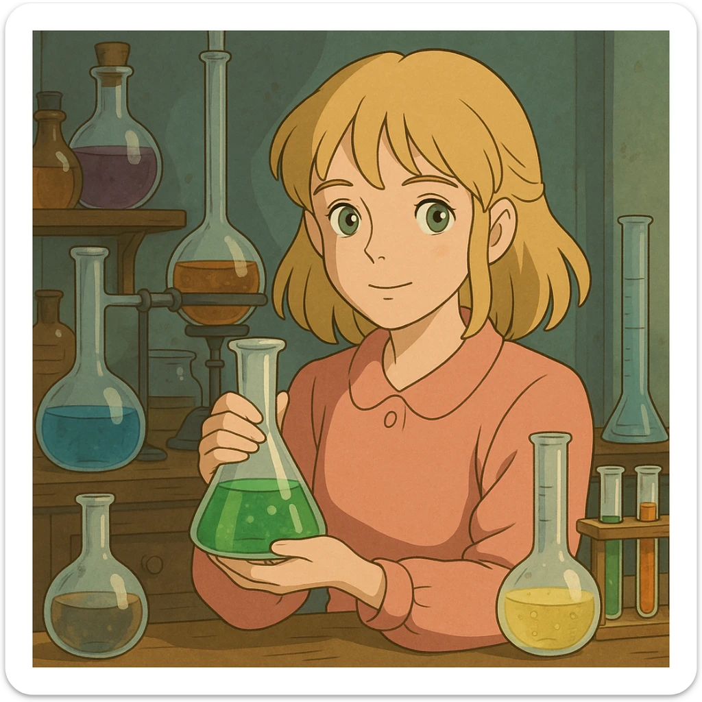 blonde girl with green-grey eyes, in pink clothes, surrounded by chemistry equipment, chemist style sticker