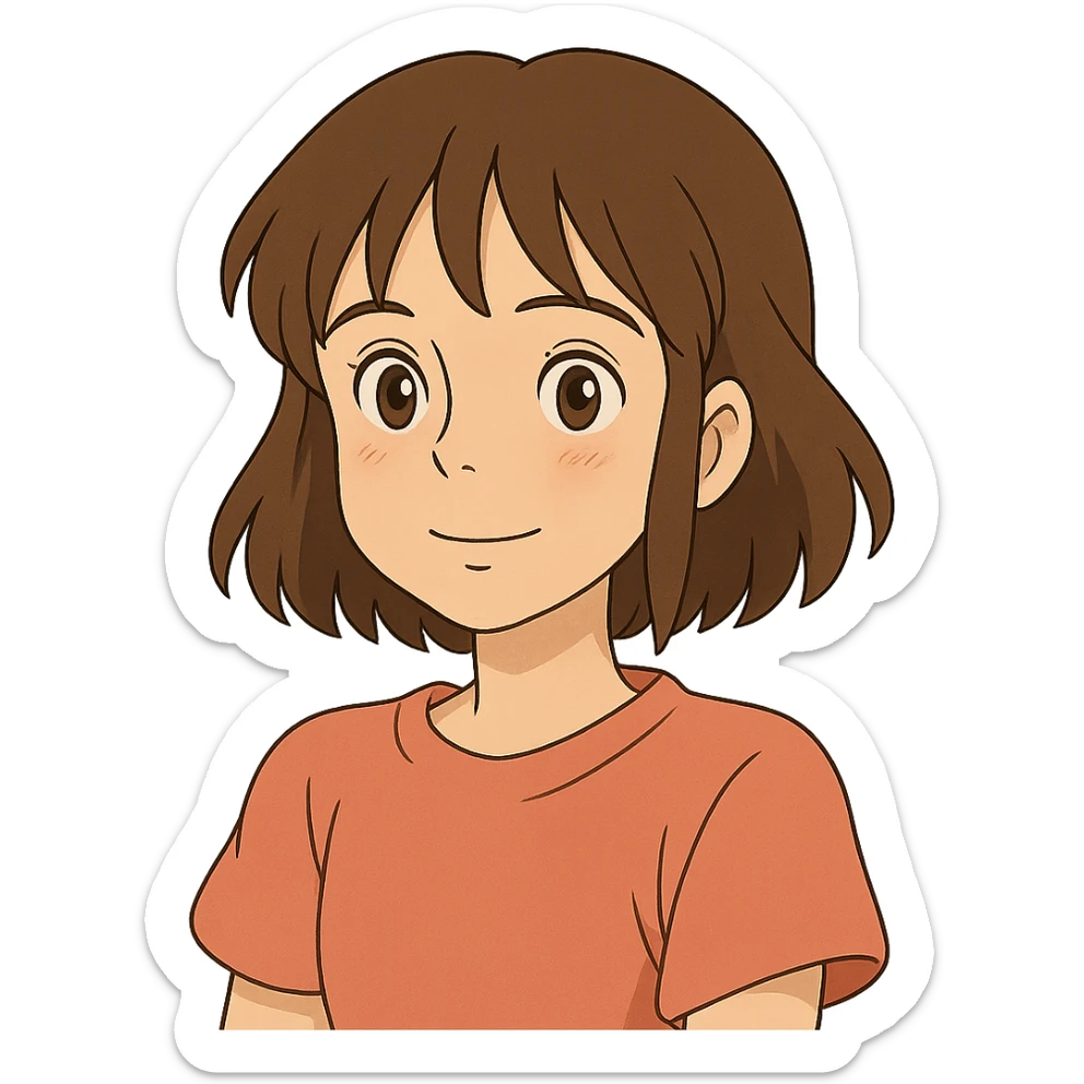 ghibli style illustration of a girl with brown eyes and brown hair sticker