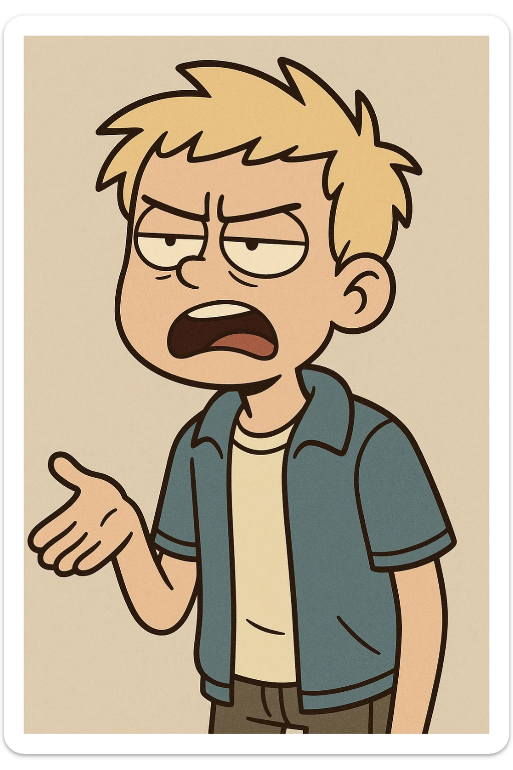 school student boy with light hair, showing signs of irritation and dislike, speaking, expressive face, casual school outfit, cartoon style sticker