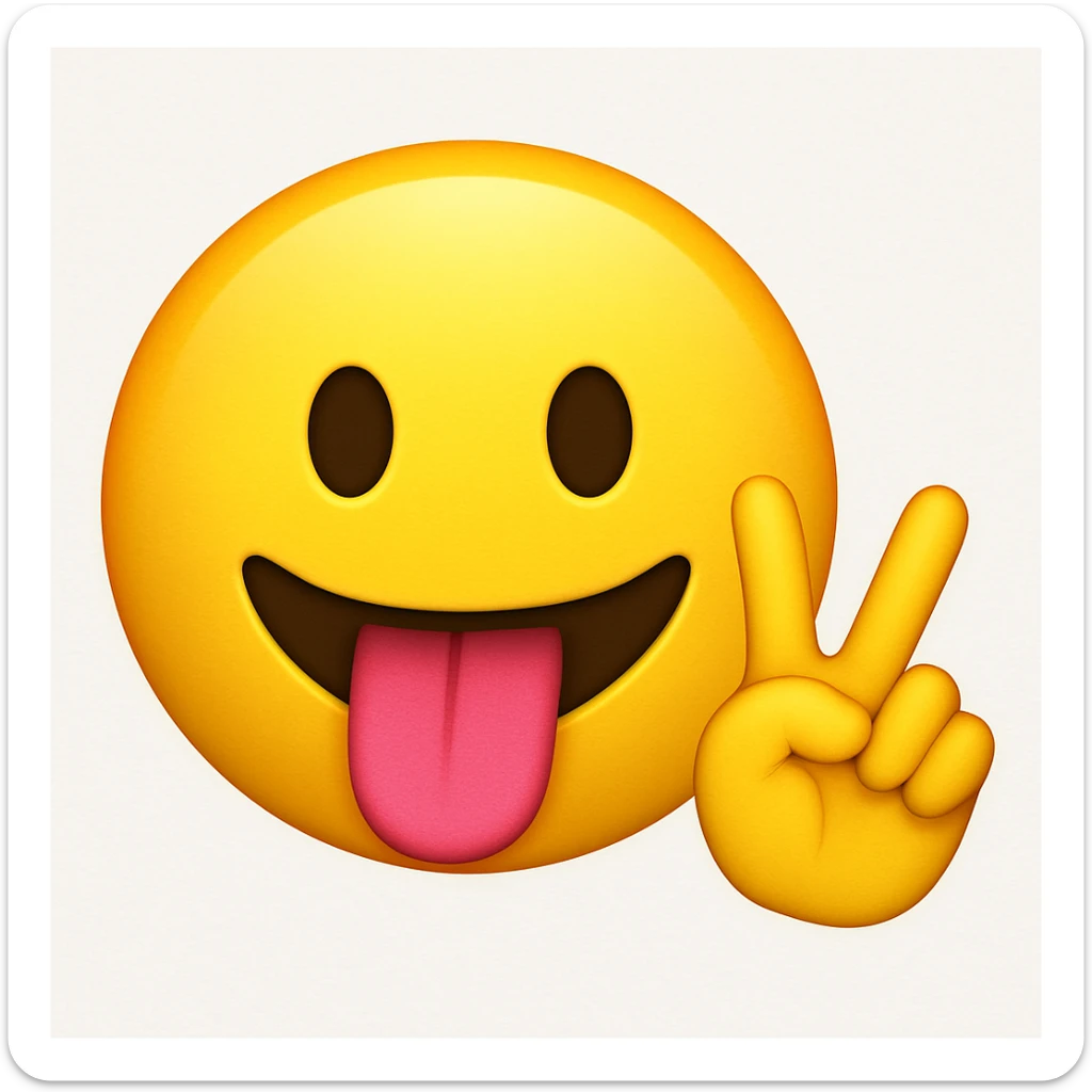Yellow face iPhone emoji, tongue sticking out, putting up a peace sign sticker